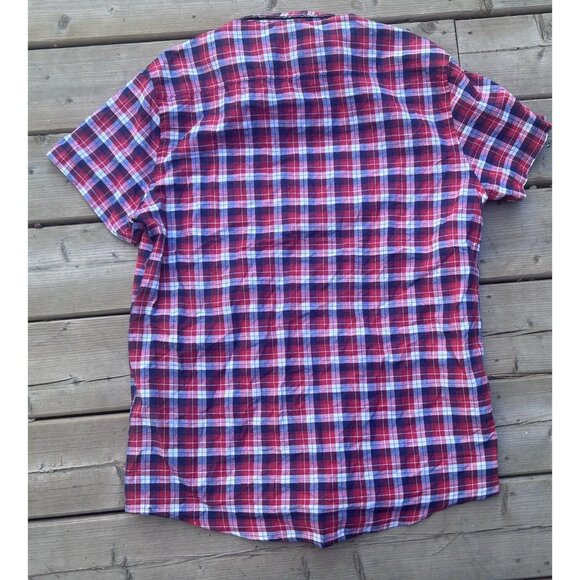 Budweiser Men's Button Down Shirt Size Medium Causal Short Sleeve Plaid Red - Picture 7 of 9
